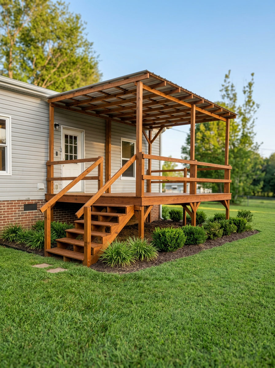 Covered deck with finished railings