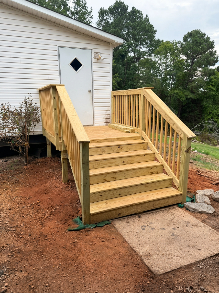Pressure-treated deck steps and landing