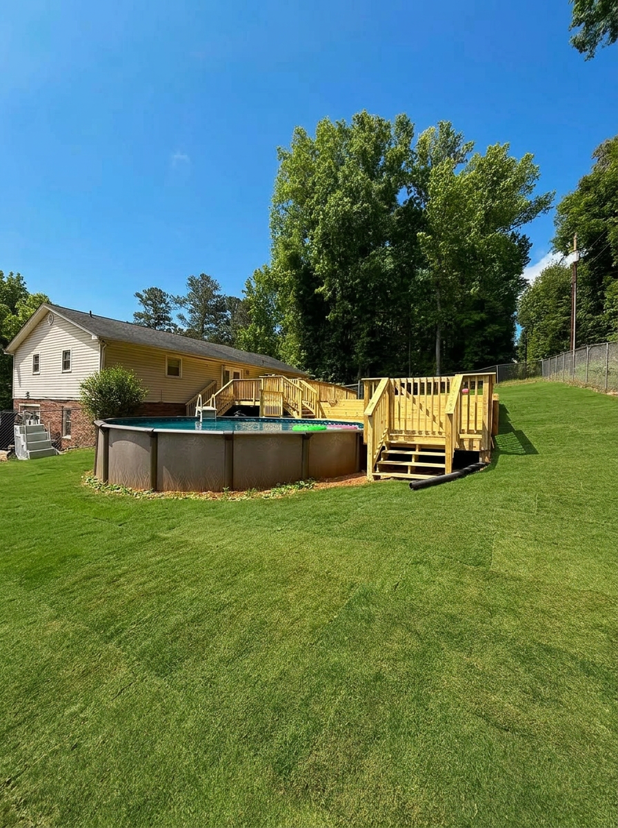 Poolside deck with surrounding landscaping